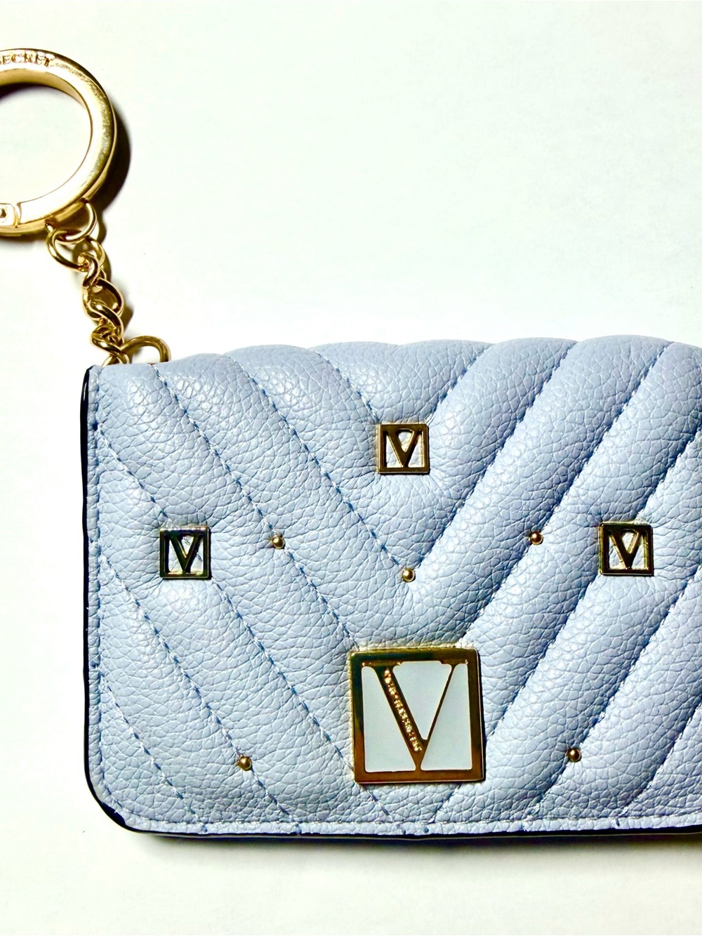 Victoria's Secret Light Blue Quilted Key & Card Holder with Gold Hardware